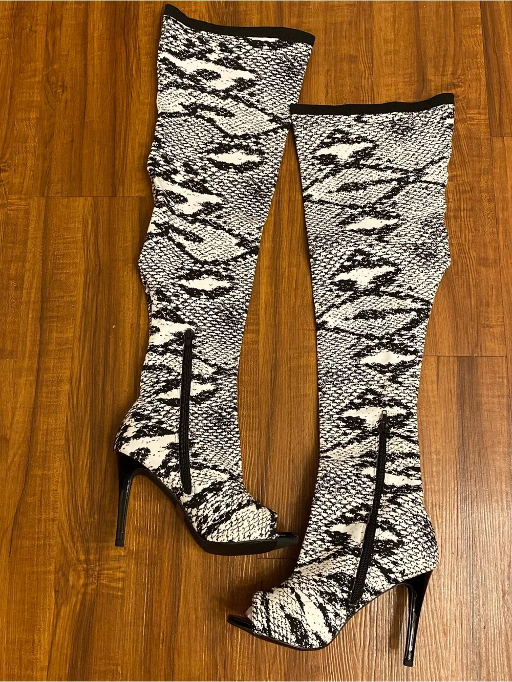 Wild Diva Black & White Snake-Print Over-the-Knee Peep-Toe Boots